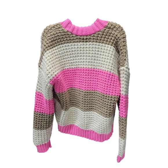 American Eagle Womens SZ S Striped Cardigan Sweater Pink chunky Oversized Knit - Picture 3 of 3